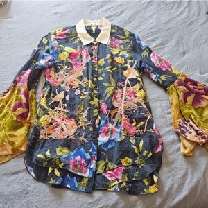 Aratta Navy Blouse with Pink, Blue and Yellow Floral Accents